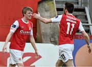 4 April 2014; St Patrick's Athletic's Chris Forrester, left, celebrates after scoring his side's first goal with team-mate Ger O'Brien. Airtricity League Premier Division, St Patrick's Athletic v Dundalk, Richmond Park, Dublin. Picture credit: David Maher / SPORTSFILE