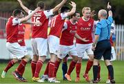 4 April 2014; St Patrick's Athletic players, from left, Conan Byrne, Kenny Browne, Killian Brennan, Christy Fagan and Derek Foran appeal for a penalty from referee Padraic Sutton. Airtricity League Premier Division, St Patrick's Athletic v Dundalk, Richmond Park, Dublin. Picture credit: David Maher / SPORTSFILE