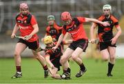 5 April 2014; Paddy Joe Graham, Cross & Passion, in action against Shane Sampson, left, and Sean Fogarty, Coláiste Phobal. Masita GAA All-Ireland Post Primary Schools Paddy Buggy Cup Final, Coláiste Phobal, Ros Cré, Co. Tipperary v Cross & Passion, Ballycastle, Co Antrim. Nowlan Park, Kilkenny. Picture credit: Pat Murphy / SPORTSFILE