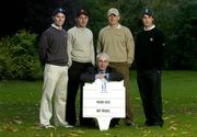21 November 2005; Irish Life Corporate Business announced today it is to sponsor six of Ireland’s next generation of golfers on the European Tour in an exclusive group sponsorship deal, the first of its kind in Irish Golf. Six of Ireland’s most promising professional golfers will benefit from the ‘TEAM Irish Life’ sponsorship and include:- Michael Hoey (European Tour); Stephen Browne (European Tour); Colm Moriarty (Challenge Tour); David Higgins (European Tour); Tim Rice (Challenge Tour) and Justin Kehoe (Challenge Tour). Pictured at the announcement, are, from left, Justin Kehoe, Colm Moriarty, Donal Casey, Chief Executive, Irish life Corporate Business, Stephen Browne and Tim Rice. Stephens Green, Dublin. Picture credit: Brendan Moran / SPORTSFILE