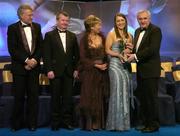 19 November 2005; Ruth Stevens of Galway, 2nd from right, is presented with her All Star award by An Taoiseach Bertie Ahern TD, and Geraldine Giles, President of the Ladies Gaelic Football Association, in the company of Tony Towell of O'Neills, left, and Pol O Gallchoir of TG4, 2nd from left, at the O'Neills TG4 Ladies GAA All-Star Awards. Citywest Hotel, Dublin. Picture credit: Brendan Moran / SPORTSFILE