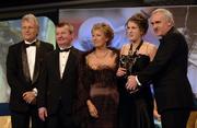 19 November 2005; Niamh Fahy, from Galway, 2nd from right, is presented with her All Star award by An Taoiseach Bertie Ahern TD, and Geraldine Giles, President of the Ladies Gaelic Football Association, in the company of Tony Towell of O'Neills, left, and Pol O Gallchoir of TG4, 2nd from left, at the O'Neills TG4 Ladies GAA All-Star Awards. Citywest Hotel, Dublin. Picture credit: Ray McManus / SPORTSFILE