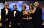 19 November 2005; Aoibheann Daly, from Galway, 2nd from right, is presented with her All Star award by An Taoiseach Bertie Ahern TD, and Geraldine Giles, President of the Ladies Gaelic Football Association, in the company of Tony Towell of O'Neills, left, and Pol O Gallchoir of TG4, 2nd from left, at the O'Neills TG4 Ladies GAA All-Star Awards. Citywest Hotel, Dublin. Picture credit: Ray McManus / SPORTSFILE