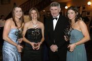 19 November 2005; Galway All Star award winners, Ruth Stephens, left, Aoibheann Daly, and Lorna Joyce, right, with Laois manager Mick O'Dwyer at the O'Neills TG4 Ladies GAA All-Star Awards. Citywest Hotel, Dublin. Picture credit: Ray McManus / SPORTSFILE