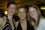 19 November 2005; Waterford footballer Mary O'Donnell, left, with Cork footballers Valerie Mulcahy, centre, and Mary White, at the O'Neills TG4 Ladies GAA All-Star Awards. Citywest Hotel, Dublin. Picture credit: Brendan Moran / SPORTSFILE