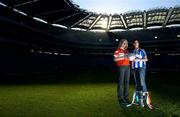 22 November 2005; Captain's Aisling Farrelly, Ballyboden St. Enda's, right, and Aine Gilsenan, Donaghmoyne, at a photocall ahead of the Ladies All-Ireland Senior Club Football Final which will take place on Sunday, 27th November. Croke Park, Dublin. Picture credit: Brian Lawless / SPORTSFILE