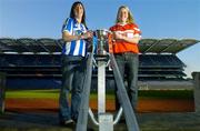 22 November 2005; Captain's Aisling Farrelly, Ballyboden St. Enda's, left, and Aine Gilsenan, Donaghmoyne, at a photocall ahead of the Ladies All-Ireland Senior Club Football Final which will take place on Sunday, 27th November. Croke Park, Dublin. Picture credit: Brian Lawless / SPORTSFILE