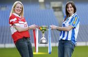 22 November 2005; Captain's Aisling Farrelly, Ballyboden St. Enda's, right, and Aine Gilsenan, Donaghmoyne, at a photocall ahead of the Ladies All-Ireland Senior Club Football Final which will take place on Sunday, 27th November. Croke Park, Dublin. Picture credit: Brian Lawless / SPORTSFILE