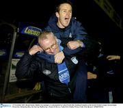 25 November 2005; Dermot Keely, Dublin City manager, is congratulated by Colm O'Neill after winning promotion to the eircom Premier League. eircom league Promotion / Relegation Play-off, 2nd Leg, Dublin City v Shamrock Rovers, Tolka Park, Dublin. Picture credit: Matt Browne / SPORTSFILE