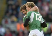 26 November 2005; Andrew Trimble (13), Ireland, celebrates with team-mate Gordon D'Arcy after scoring his sides first try. permanent tsb International Friendly 2005-2006, Ireland v Romania, Lansdowne Road, Dublin. Picture credit: Brian Lawless / SPORTSFILE