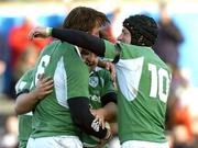 26 November 2005; Neil Best, Ireland, 6, is congratulated by David Humphreys and Shane Byrne after scoring his try. permanent tsb International Friendly 2005-2006, Ireland v Romania, Lansdowne Road, Dublin. Picture credit: Matt Browne / SPORTSFILE