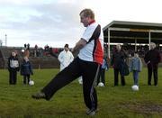 26 November 2005; Fine Gael Leader Enda Kenny, T.D, takes a penalty at half time of a Challenge Game between Mayo News / O'Neills Club Stars v Mayo XV, McHale Park, Castlebar, Co. Mayo. Picture credit: Damien Eagers / SPORTSFILE