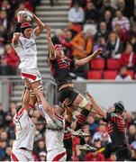 5 April 2014; Johann Muller, Ulster, wins possession for his side in a lineout ahead of Mouritz Botha, Saracens. Heineken Cup Quarter-Final, Ulster v Saracens, Ravenhill Park, Belfast, Co. Antrim. Picture credit: Ramsey Cardy / SPORTSFILE