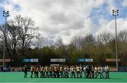 6 April 2014; Both teams shake hands before the match. Irish Senior Women's Hockey League Final, UCD v Railway Union, Banbridge Hockey Club, Banbridge, Co. Antrim.  Picture credit: Ramsey Cardy / SPORTSFILE