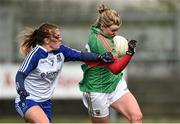 6 April 2014; Fiona McHale, Mayo, in action against Aoife McAnespie, Monaghan. TESCO Ladies National Football League, Round 7, Mayo v Monaghan, James Stephen's Park, Ballina, Co. Mayo. Picture credit: David Maher / SPORTSFILE