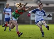6 April 2014; Cathorina McConnell, Monaghan, in action against Caoilfhionn Connolly, Mayo. TESCO Ladies National Football League, Round 7, Mayo v Monaghan, James Stephen's Park, Ballina, Co. Mayo. Picture credit: David Maher / SPORTSFILE