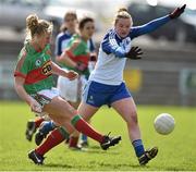 6 April 2014; Claire Egan, Mayo, in action against Ellen McCarron, Monaghan. TESCO Ladies National Football League, Round 7, Mayo v Monaghan, James Stephen's Park, Ballina, Co. Mayo. Picture credit: David Maher / SPORTSFILE