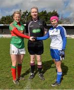 6 April 2014; Captains Fiona McHale, Mayo, left, and Christine Reilly, Monaghan, shake hands in front of referee PJ Rabbitte. TESCO Ladies National Football League, Round 7, Mayo v Monaghan, James Stephen's Park, Ballina, Co. Mayo. Picture credit: David Maher / SPORTSFILE