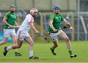 6 April 2014; Clement Cunniffe, Leitrim, in action against Tiernan Morgan, Tyrone. Allianz Hurling League, 3B Final, Tyrone v Leitrim, Markievicz Park, Sligo. Picture credit: Oliver McVeigh / SPORTSFILE