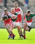 6 April 2014; Emmett McGuckin, Derry, in action against Kevin Keane and Seamus O Shea, right, Mayo. Allianz Football League, Division 1, Round 7, Mayo v Derry, Elverys MacHale Park, Castlebar, Co. Mayo. Picture credit: Ray Ryan / SPORTSFILE