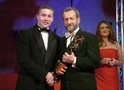 25 November 2005; Damien Hayes, from Galway, is presented with his Vodafone All-Star award by Sean Kelly, President of the GAA, at the 2005 Vodafone GAA All-Star Awards. Citywest Hotel, Dublin. Picture credit: Brendan Moran / SPORTSFILE