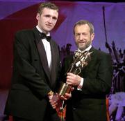 25 November 2005; Pat Mulcahy, from Cork, is presented with his Vodafone All-Star award by Sean Kelly, President of the GAA, at the 2005 Vodafone GAA All-Star Awards. Citywest Hotel, Dublin. Picture credit: Brendan Moran / SPORTSFILE