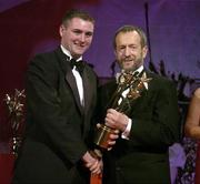 25 November 2005; Derek Hardiman, from Galway, is presented with his Vodafone All Star award by Sean Kelly, President of the GAA, at the 2005 Vodafone GAA All-Star Awards. Citywest Hotel, Dublin. Picture credit: Brendan Moran / SPORTSFILE