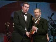 25 November 2005; John Gardiner, from Cork, is presented with his Vodafone All-Star award by Sean Kelly, President of the GAA, at the 2005 Vodafone GAA All-Star Awards. Citywest Hotel, Dublin. Picture credit: Brendan Moran / SPORTSFILE
