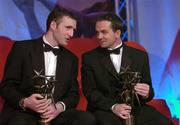 25 November 2005; Davy Fitzgerald, Clare, in conversation with Cork's Pat Mulcahy, left, during the 2005 Vodafone GAA All-Star Awards. Citywest Hotel, Dublin. Picture credit: Brendan Moran / SPORTSFILE