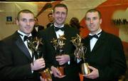 25 November 2005; Newtownshandrum players Jerry O'Connor, left, Pat Mulcahy, and Ben O'Connor, right, with their awards at the 2005 Vodafone GAA All-Star Awards. Citywest Hotel, Dublin. Picture credit: Brendan Moran / SPORTSFILE
