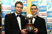 27 November 2005; Mark Farren, Derry City, is presented with the Premier Division player of the year award from Mark Mahaffy, left, Marketing Director, Irish Mirror, at the 2005 PFAI Awards. Burlington Hotel, Dublin. Picture credit: David Maher / SPORTSFILE