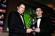 27 November 2005; Mark Farren, right, Derry City, is presented with the Premier Division player of the year award by former Republic of Ireland captain Kenny Cunningham at the 2005 PFAI Awards. Burlington Hotel, Dublin. Picture credit: David Maher / SPORTSFILE