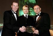 27 November 2005; Referee Alan Kelly, centre, is presented with the referee of the year award from Stephen McGuinness, left, Chairman PFAI, and Fran Gavin, PFAI, general secretary, at the 2005 PFAI Awards. Burlington Hotel, Dublin. Picture credit: David Maher / SPORTSFILE