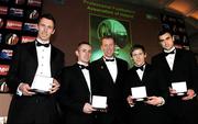 27 November 2005; Stephen McGuinness, centre, Chairman PFAI, with Cork City players, from left, George O'Callaghan, Liam Kearney, Joe Gamble and Dan Murray who were selected in the Premier League team of the year for 2005, PFAI Awards. Burlington Hotel, Dublin. Picture credit: David Maher / SPORTSFILE