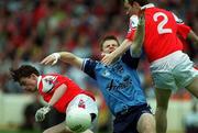 6 June 1999; Dessie Farrell of Dublin in action against Simon Gerrard, left, and Brien Philips of Louth during the Bank of Ireland Leinster Senior Football Championship Quarter-Final match between Dublin and Louth at Croke Park in Dublin. Photo by Brendan Moran/Sportsfile