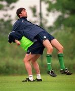 2 June 1999; Gary Breen is lifted by team-mate Lee Carsley during a Republic of Ireland training session at the AUL Complex in Clonshaugh, Dublin. Photo by Ray McManus/Sportsfile