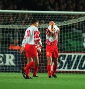 9 October 1996; Gjorgji Hristov, right, of Macedonia agonises over a missed chance during the FIFA World Cup 1998 Group 8 Qualifier match between Republic of Ireland and Macedonia at Lansdowne Road in Dublin. Photo by Brendan Moran/Sportsfile