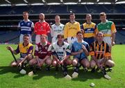 20 May 1999; Hurlers in attendance at the announcement by Guinness Ireland of their continued sponsorship of the All Ireland Hurling Championship are; back row, from left, Niall Rigney of Laois, Brian Corcorcan of Cork, Joe Quaid of Limerick, Brendan Cummins of Tipperary, Anthony Daly of Clare, and Brian Whelahan of Offaly. Front Row; Martin Storey of Wexford, Kevin Broderick of Galway, Tony Browne of Waterford, Conor McCann of Dublin, and DJ Carey of Kilkenny. Croke Park, Dublin. Photo by Ray McManus/Sportsfile