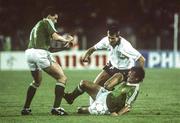 11 June 1990; Kevin Sheedy, left, and Kevin Moran of Republic of Ireland in action against Steve Bull of England during the FIFA World Cup 1990 Group F match between England and Republic of Ireland at Stadio Sant'Elia in Cagliari, Italy. Photo by Ray McManus/Sportsfile