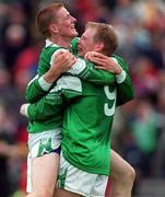 30 May 1999; Fermanagh players Tom Brewster, left, and Liam McBarron celebrate after the Bank of Ireland Ulster Senior Football Championship Preliminary Round match between Monaghan and Fermanagh at St Tiernach's Park in Clones, Monaghan. Photo by Damien Eagers/Sportsfile
