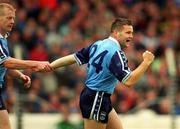 6 June 1999; Mick O'Keeffe of Dublin celebrates his goal with team-mate Declan Darcy, left, during the Bank of Ireland Leinster Senior Football Championship Quarter-Final match between Dublin and Louth at Croke Park in Dublin. Photo by Brendan Moran/Sportsfile
