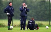 2 June 1999; Goalkeeping coaches Packie Bonner, left, and Séamus McDonagh call for medical attention for the injured Shay Given during a Republic of Ireland training session at the AUL Complex in Clonshaugh, Dublin. Photo by Ray McManus/Sportsfile