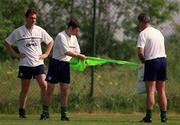 1 June 1999; Manager Mick McCarthy, right, and Denis Irwin attempt to separate training bibs, as Tony Cascarino looks on, during a Republic of Ireland training session at the AUL Complex in Clonshaugh, Dublin. Photo by Brendan Moran/Sportsfile