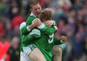 30 June 1999; Fermanagh players, from left, Raymond Johnston, Tom Brewster, and Liam McBarron celebrate after the Bank of Ireland Ulster Senior Football Championship Preliminary Round match between Monaghan and Fermanagh at St Tiernach's Park in Clones, Monaghan. Photo by Damien Eagers/Sportsfile