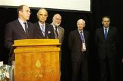 2 December 2005; HSH Prince Albert II of Monaco, in the company of, from left, Mario Pescante, President, European Olympic Committee, Alexander Kozovsky, Vice President, EOC, Pat Hickey, President of the Olympic Council of Ireland, and Secretary General, EOC, and Dr Jacques Rogge, President, International Olympic Committee, speaking at the European Olympic Committee General Assembly. Four Season's Hotel, Dublin. Picture credit: Brendan Moran / SPORTSFILE