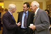 2 December 2005; Pat Hickey, President of the Olympic Council of Ireland, in conversation with Stephen Martin, centre, new incoming CEO of the Olympic Council of Ireland, and Irish Gold Medallist at the 1956 Olympic Games, Ronnie Delany, right, at the European Olympic Committee General Assembly. Four Season's Hotel, Dublin. Picture credit: Brendan Moran / SPORTSFILE