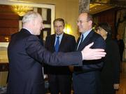 2 December 2005; HSH Prince Albert II of Monaco is greeted by Pat Hickey, President of the Olynmpic Council of Ireland, in the company of Dr Jacques Rogge, President, International Olympic Committee, at the European Olympic Committee General Assembly. Four Season's Hotel, Dublin. Picture credit: Brendan Moran / SPORTSFILE