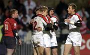 3 December 2005; Andrew Trimble (12), Ulster, is congratulated by team-mates Bryn Cunningham, David Humphreys and Tommy Bowe after scoring his sides first try. Celtic League 2005-2006, Group A, Munster v Ulster, Musgrave Park, Cork. Picture credit: Brendan Moran / SPORTSFILE