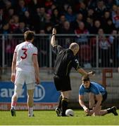 6 April 2014; Ronan McNamee, Tyrone, leaves the field after being shown the black card by referee Marty Duffy. Allianz Football League, Division 1, Round 7, Tyrone v Dublin, Healy Park, Omagh, Co. Tyrone. Picture credit: Piaras Ó Mídheach / SPORTSFILE