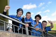 6 April 2014; Dublin supporters Aaron Bevan, thirteen years, Kian McCarton, 12, Gareth O'Brien, 12, and Luke Geraghty, 11, from Clondalkin and who play their football for the Round Tower GAA Club, at the game. Allianz Football League, Division 1, Round 7, Tyrone v Dublin, Healy Park, Omagh, Co. Tyrone. Picture credit: Ray McManus / SPORTSFILE